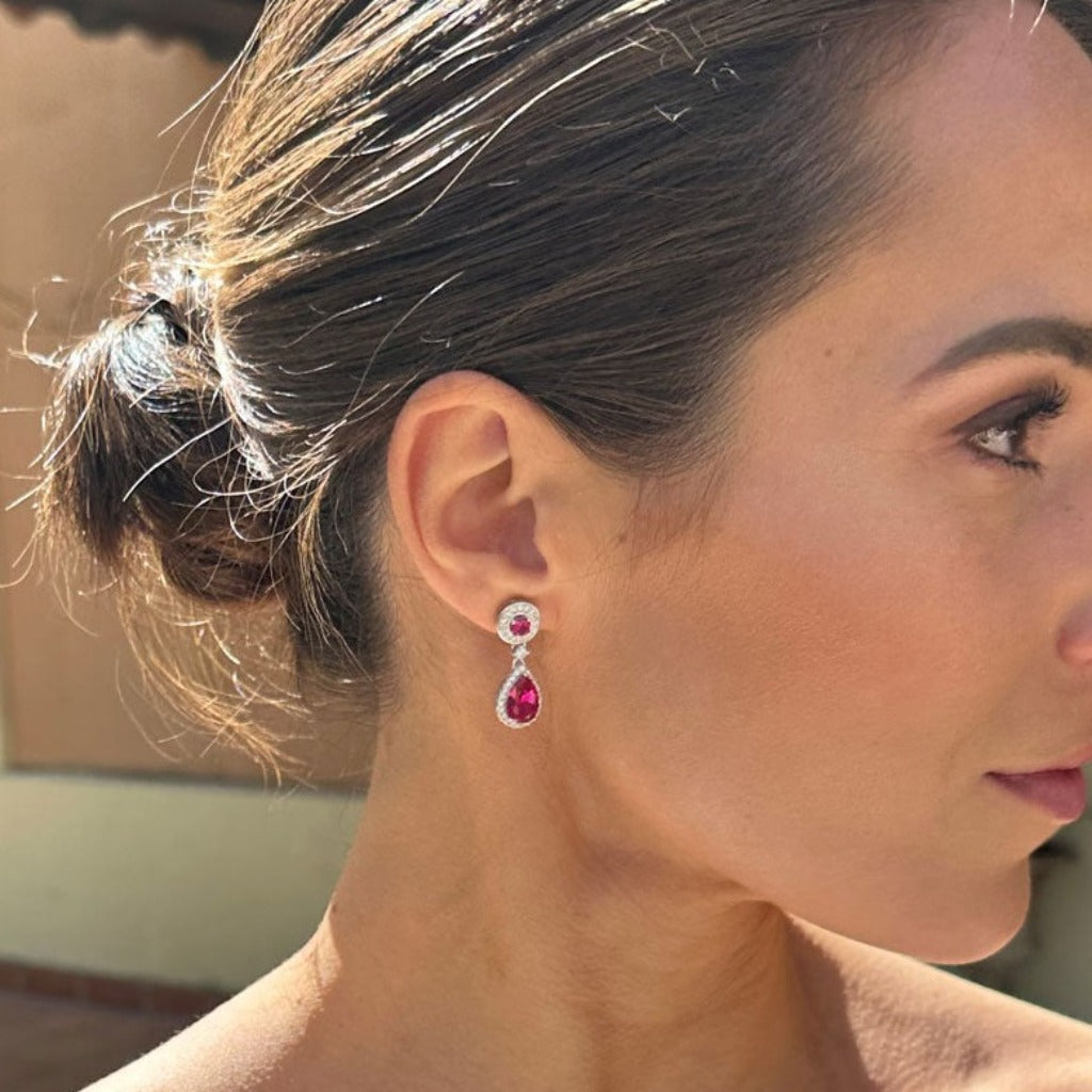 pendientes invitada rojos en plata de primera ley con circonita colgante
