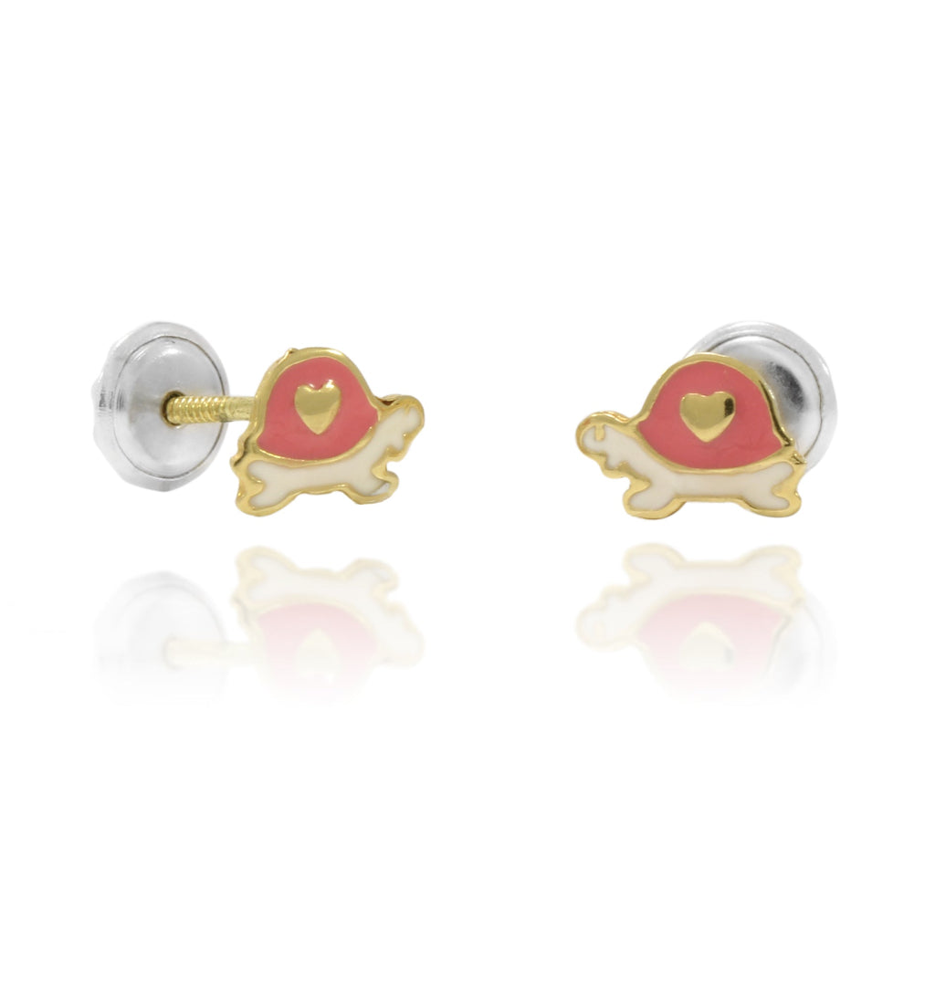 Pendientes de niña realizados en oro amarillo de 18 quilates en forma de tortuga con esmalte y sistema de cierre a rosca.